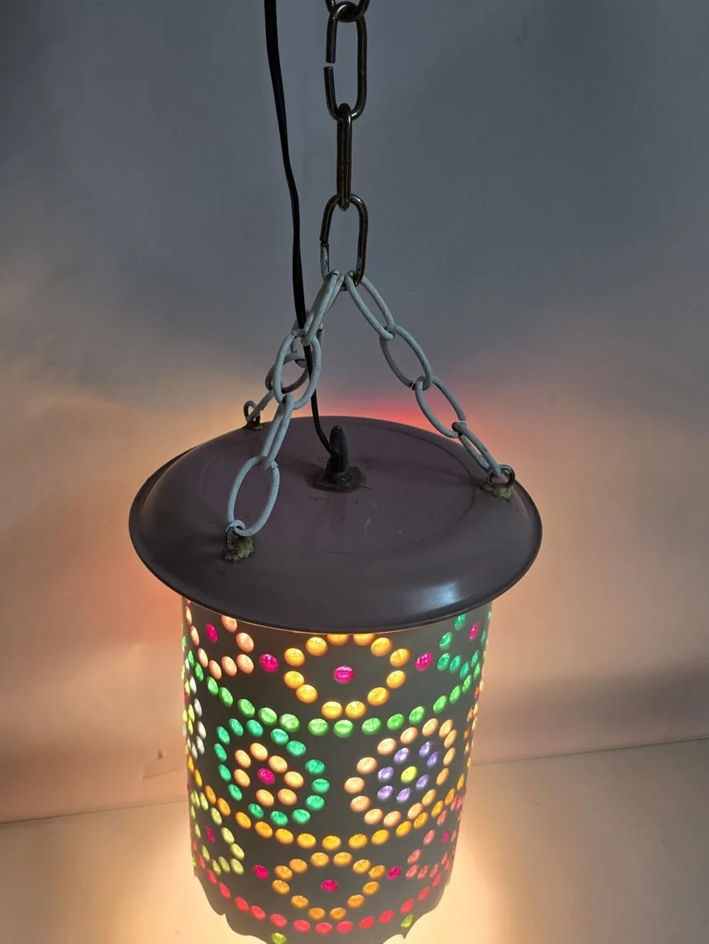 Vintage Moroccan Turkish Style Hanging Swag Lamp Multicolor Jewel Pierced Metal